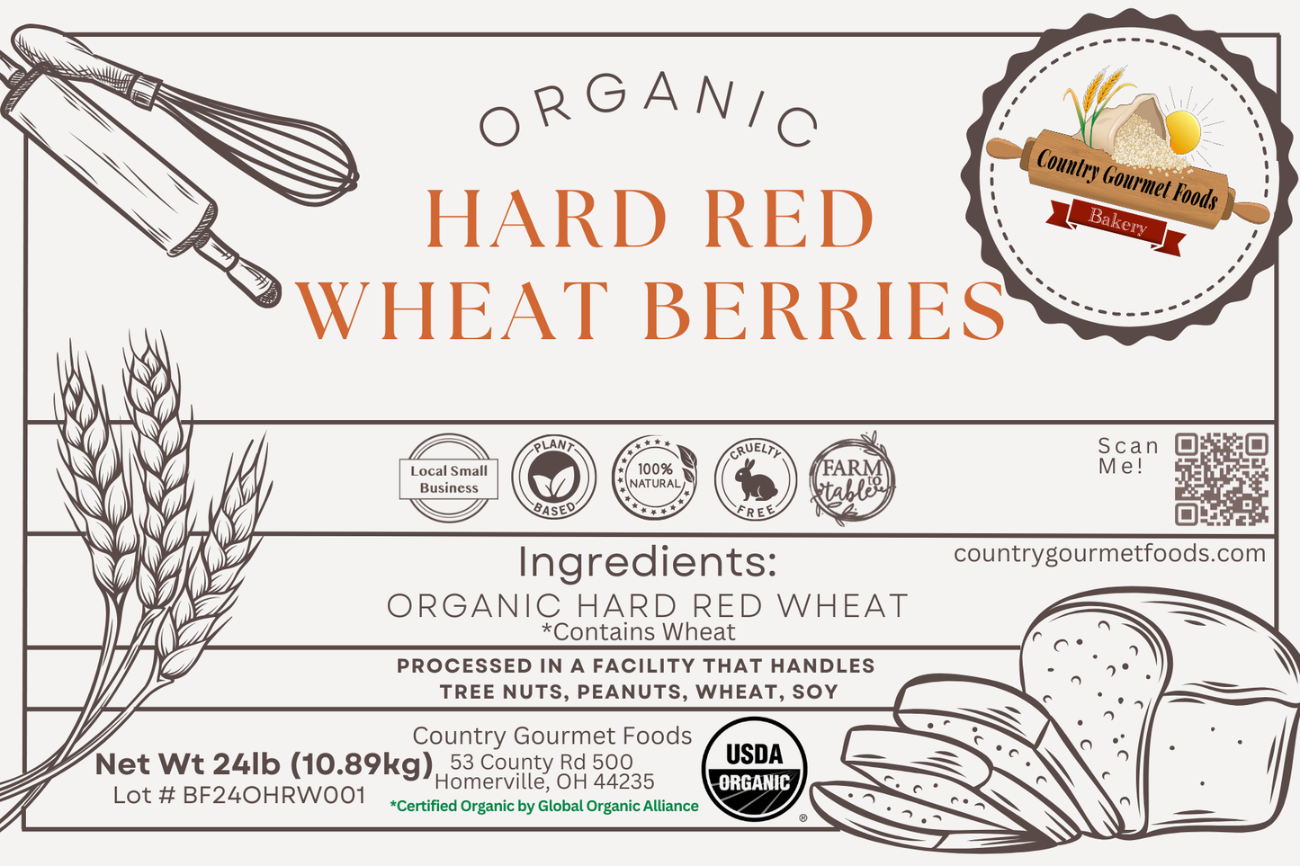 Organic, Hard Red Spring Wheat Berries, Hi Gluten, Glyphosate Free.