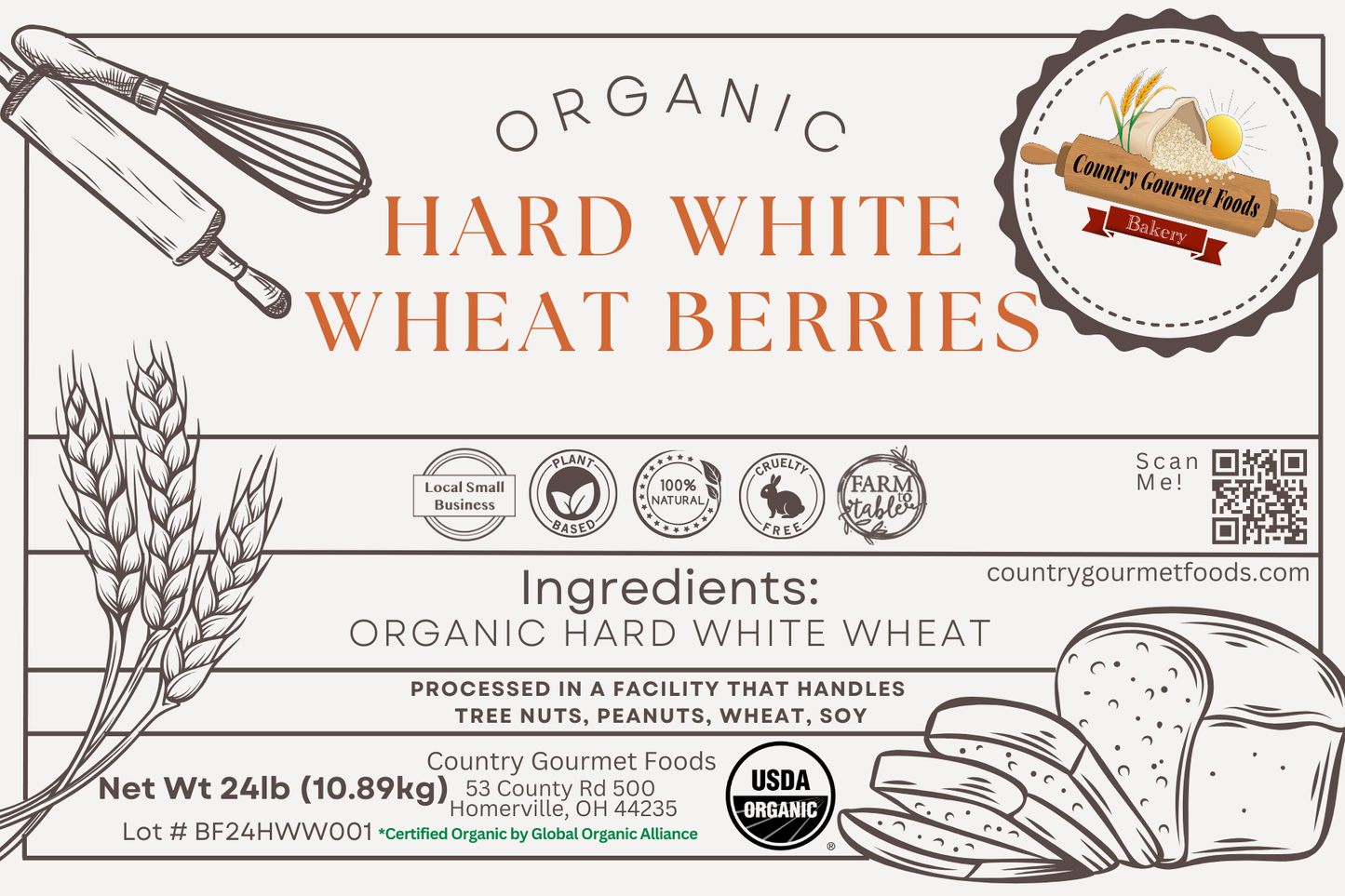 Organic, Hard White Spring Wheat Berries, Hi Gluten, Glyphosate Free.
